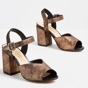 Modcloth Sbicca Glam Slam Leather Ankle Strap Bronze Block Heel Sandals
